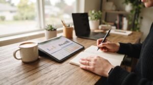 Pessoa escrevendo em caderno ao lado de tablet com gráficos e xícara de café sobre mesa de madeira