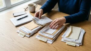 Pessoa organizando pilhas de contas e envelopes em uma mesa de madeira perto de uma janela
