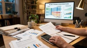 Pessoa analisando documentos financeiros e gráficos de investimento em uma mesa de trabalho iluminada
