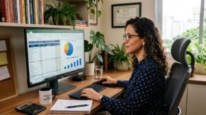 Pessoa com óculos e cabelo cacheado digitando no computador em escritório com plantas e livros
