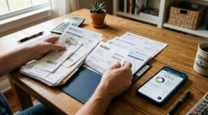 Mãos organizando contas e documentos de papel sobre uma mesa de madeira com um smartphone aberto em um aplicativo de finanças ao lado, tons quentes e
