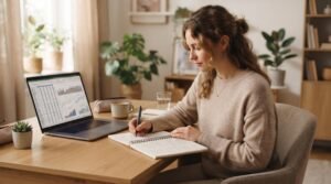 Indivíduo anotando informações em um caderno enquanto observa um laptop aberto com planilhas e gráficos financeiros