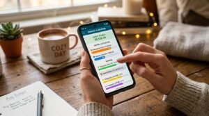 Como criar cofrinhos digitais para diferentes metas e organizar seu dinheiro por objetivos 3 Pessoa usando aplicativo de finanças no celular enquanto anota orçamento à mão em caderno