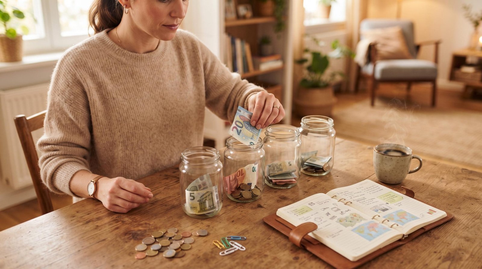 Uma pessoa sentada à mesa organizando notas e moedas em potes de vidro transparentes etiquetados com nomes como 'passagens' e 'hospedagem'