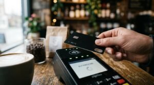 Contas digitais que funcionam sem internet: o que já existe e o que está por vir no Brasil 4 Pessoa segurando cartão preto junto a maquininha de pagamento com tela acesa e copo de café ao lado