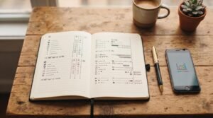 Como criar cofrinhos digitais para diferentes metas e organizar seu dinheiro por objetivos 4 Caderno aberto com anotações, caneta, celular e xícara de café sobre mesa de madeira rústica