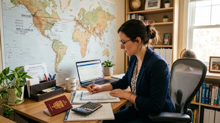 Pessoa organizando documentos financeiros e mapas em uma mesa enquanto planeja uma mudança internacional