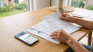 Como acompanhar rendimentos históricos do meu dinheiro e avaliar minha evolução financeira 3 Pessoa revisando extratos bancários e relatórios financeiros na mesa de madeira com smartphone ao lado
