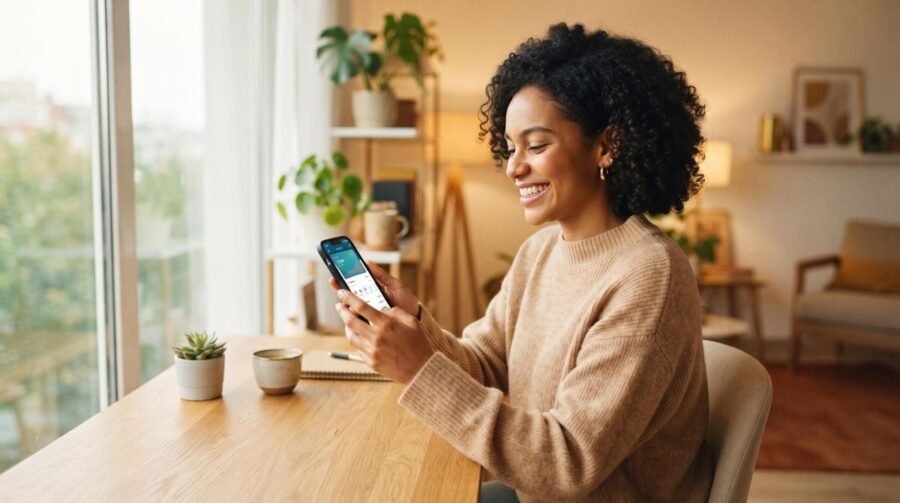 Pessoa verificando o saldo bancário atualizado no celular com notificação de Pix recebido na tela