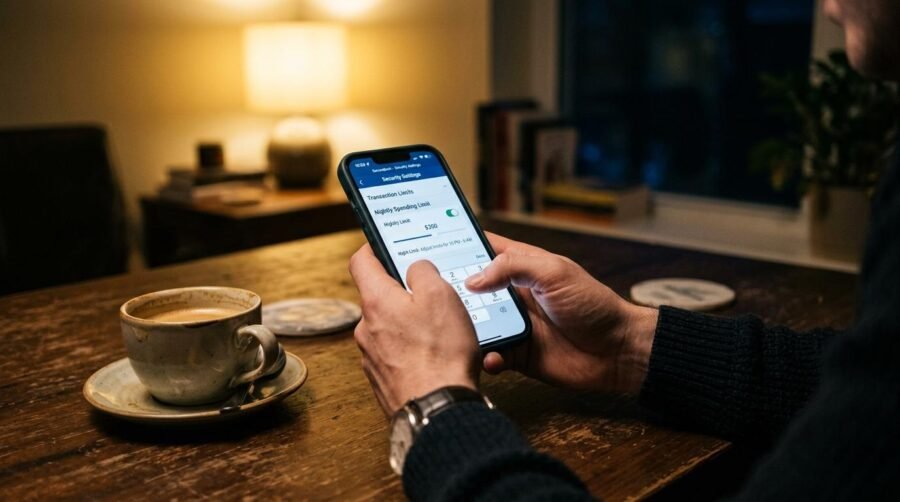 Pessoa usando smartphone para ajustar limites de gastos enquanto toma café em mesa de madeira