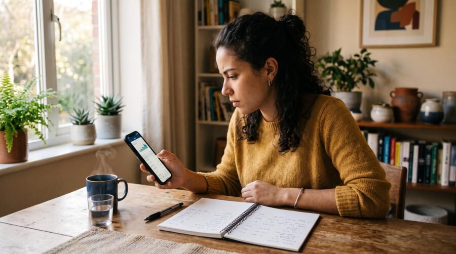 Pessoa concentrada analisando o extrato bancário no smartphone à mesa de jantar de casa, com caderno de anotações e caneta ao lado, luz natural quente