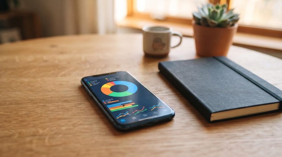 Smartphone sobre uma mesa de madeira minimalista exibindo um dashboard financeiro com categorias de gastos organizadas por cores, ao lado de um cadern