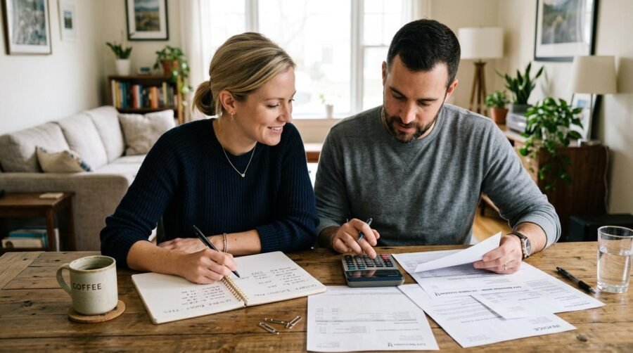 Planos premium bancários: o que são, quais benefícios oferecem e como avaliar se valem a pena 4 Duas pessoas sentadas à mesa de madeira organizando papéis, usando calculadora e escrevendo em caderno