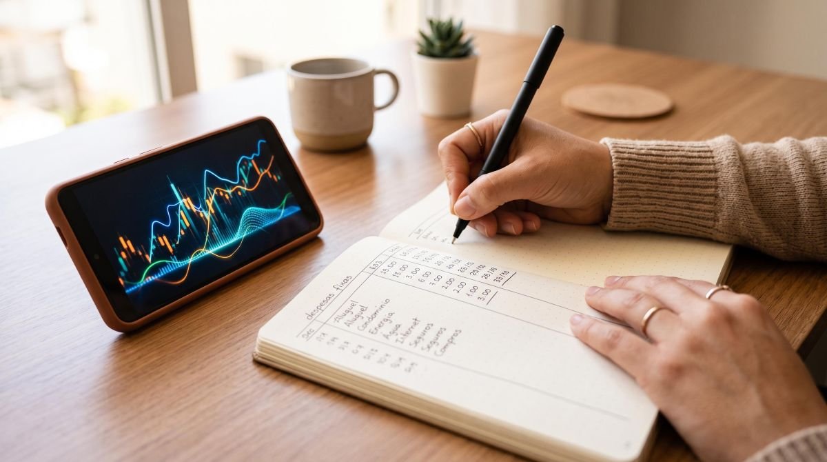 Primeiro plano de mãos anotando despesas fixas em um caderno, com um smartphone moderno ao lado exibindo um gráfico financeiro abstrato