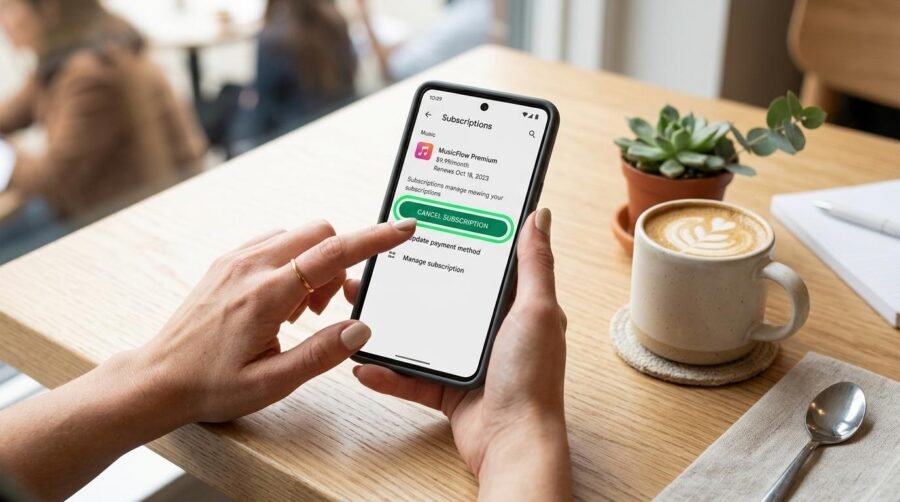 Pessoa usando smartphone para cancelar assinatura em mesa de madeira com café e planta