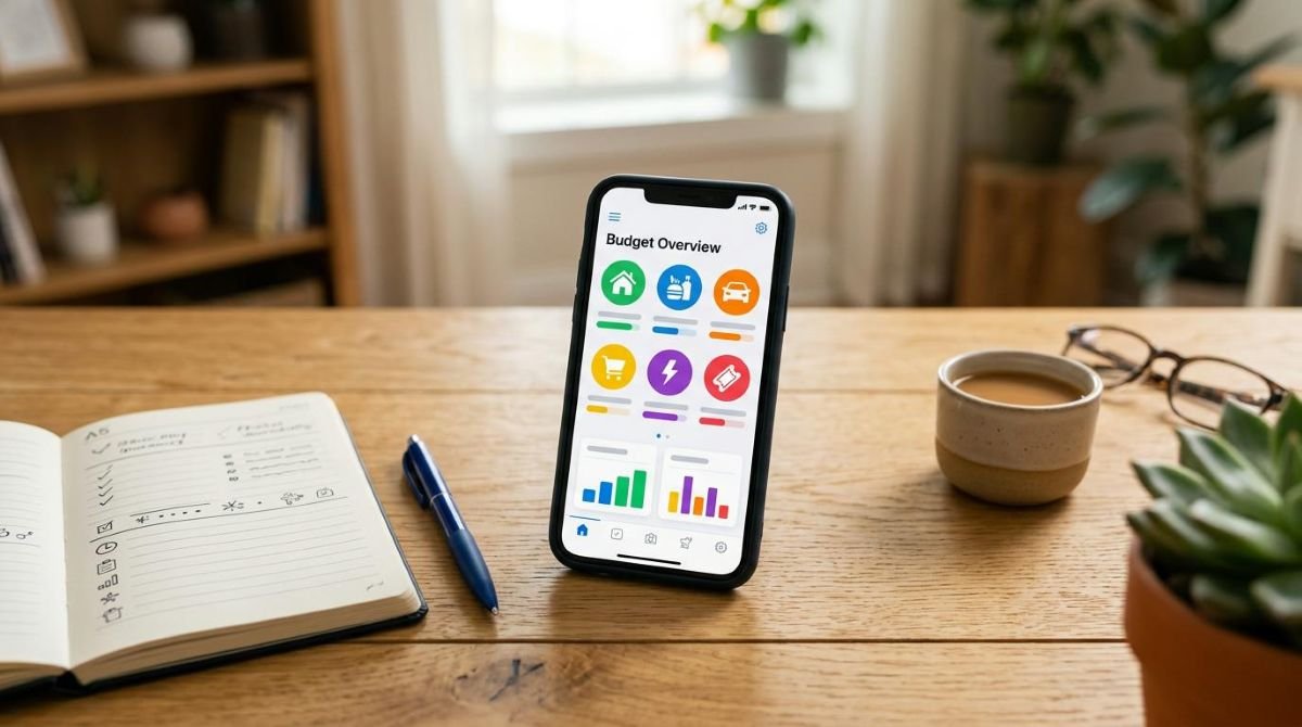 Smartphone sobre mesa de madeira clara exibindo tela de aplicativo financeiro com categorias de gastos organizadas em ícones coloridos