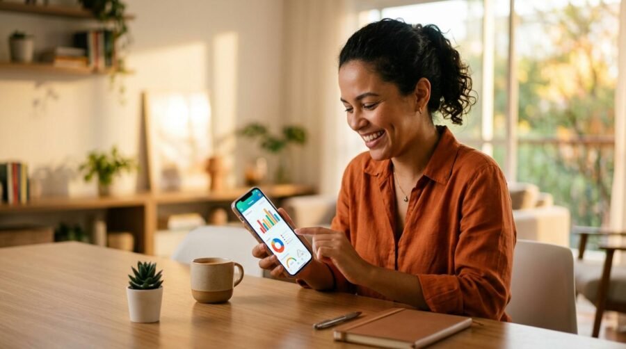 Pessoa verificando categorias de gastos mensais em um aplicativo de finanças no celular