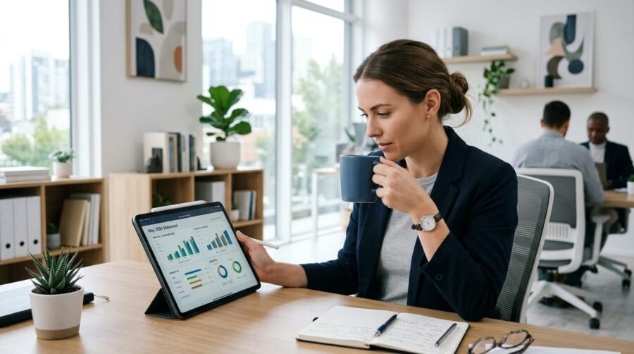 Planos premium bancários: o que são, quais benefícios oferecem e como avaliar se valem a pena 3 Uma jovem profissional analisa o extrato bancário em um tablet, comparando diferentes planos e benefícios enquanto toma café em um escritório organiza