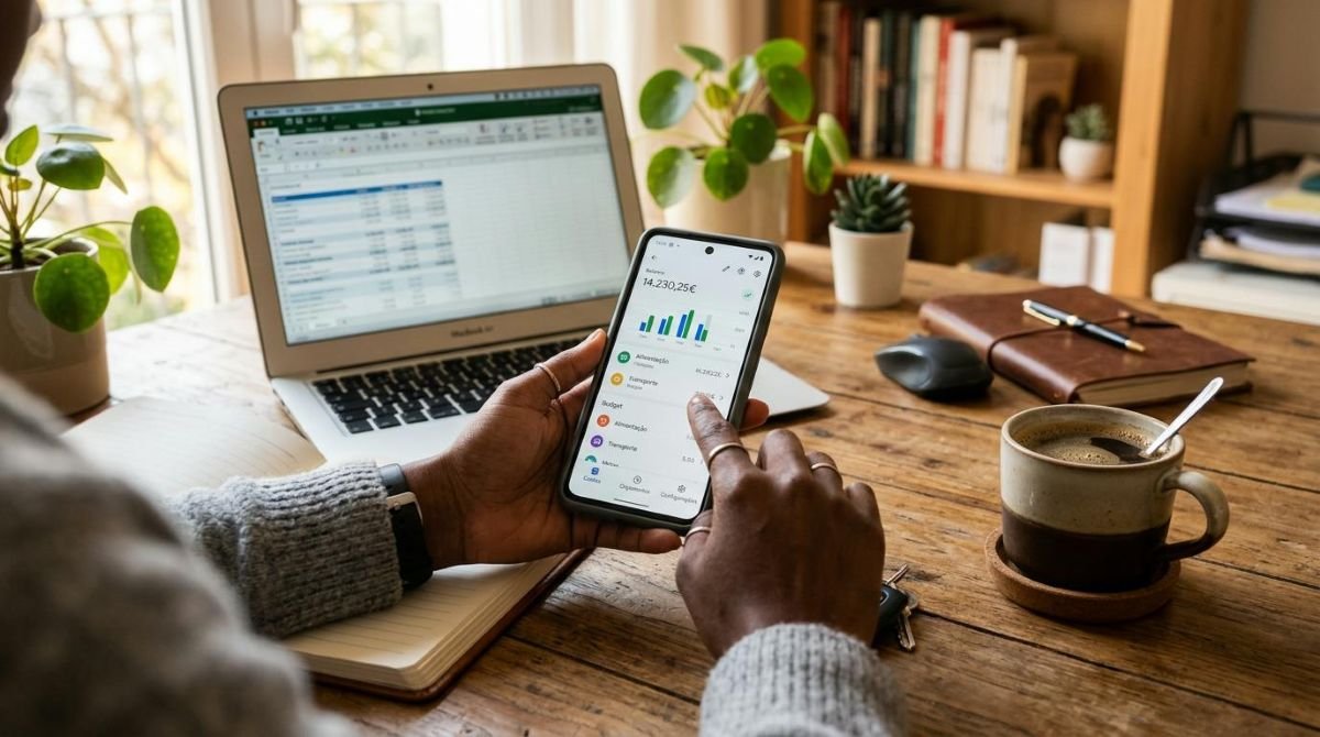 Mãos de uma pessoa configurando um aplicativo de finanças em um smartphone sobre uma mesa de escritório com notebook aberto e xícara de café ao lado
