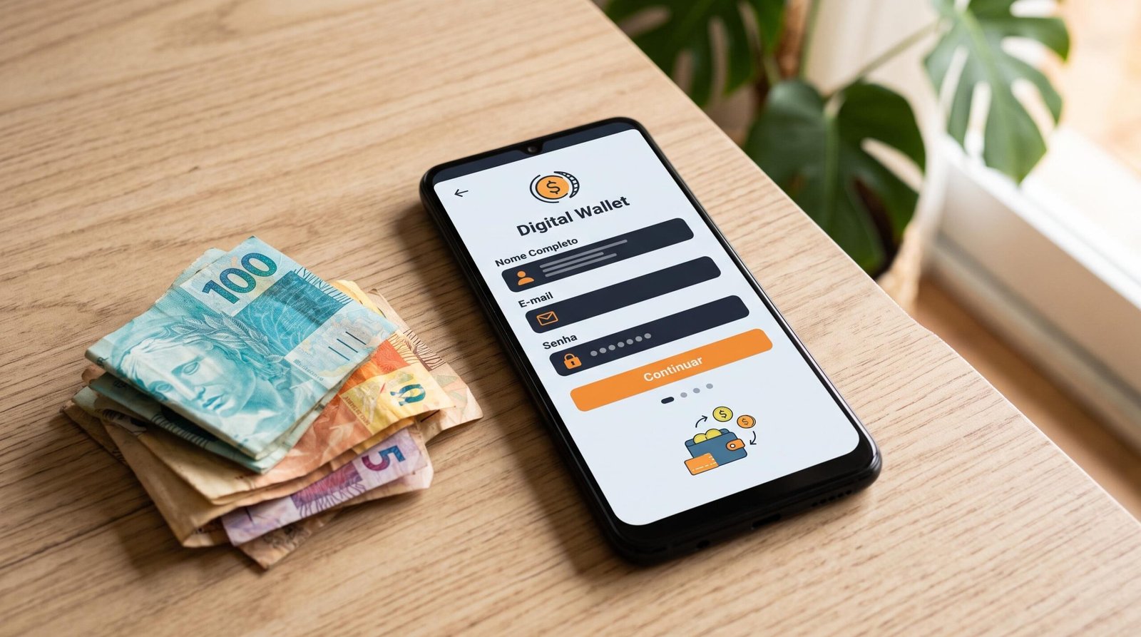 Tela de smartphone mostrando a criação de uma conta do tipo carteira em um aplicativo de finanças pessoais, com notas de dinheiro dobradas ao lado