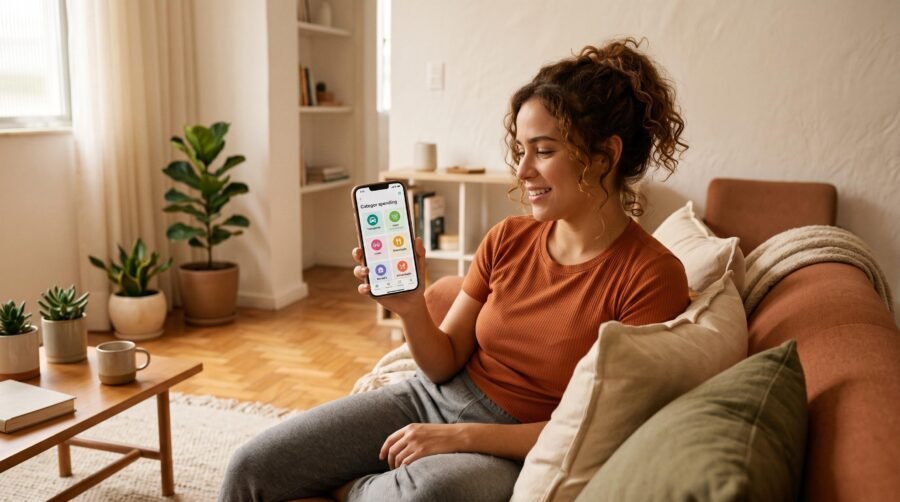 Jovem brasileira relaxada em um sofá confortável verificando categorias automáticas de gastos em seu celular, com expressão aliviada, ambiente aconche