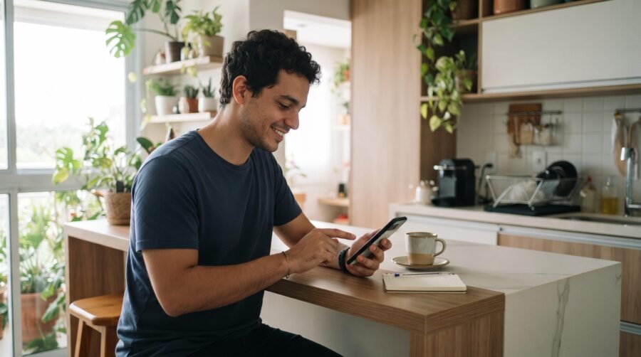 Homem brasileiro jovem registrando despesas em seu smartphone durante uma pausa para café em uma cozinha moderna e iluminada, ambiente casual do cotid