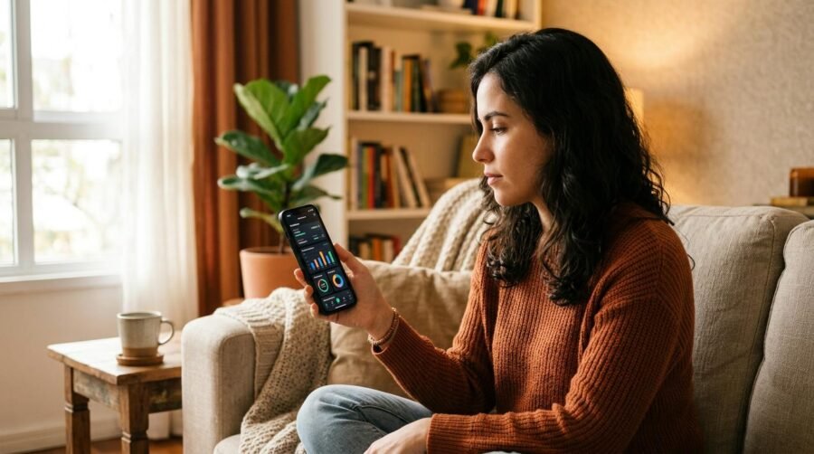 Como criar alertas para não estourar o orçamento pessoal 1 Pessoa configurando alertas de gastos no celular com um aplicativo de finanças pessoais aberto