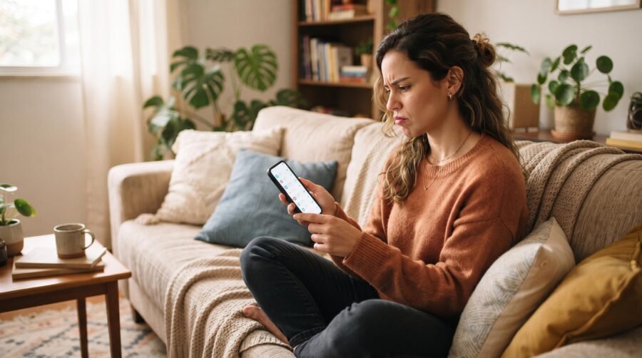 Pessoa sentada no sofá olhando para o celular com expressão de preocupação ou confusão