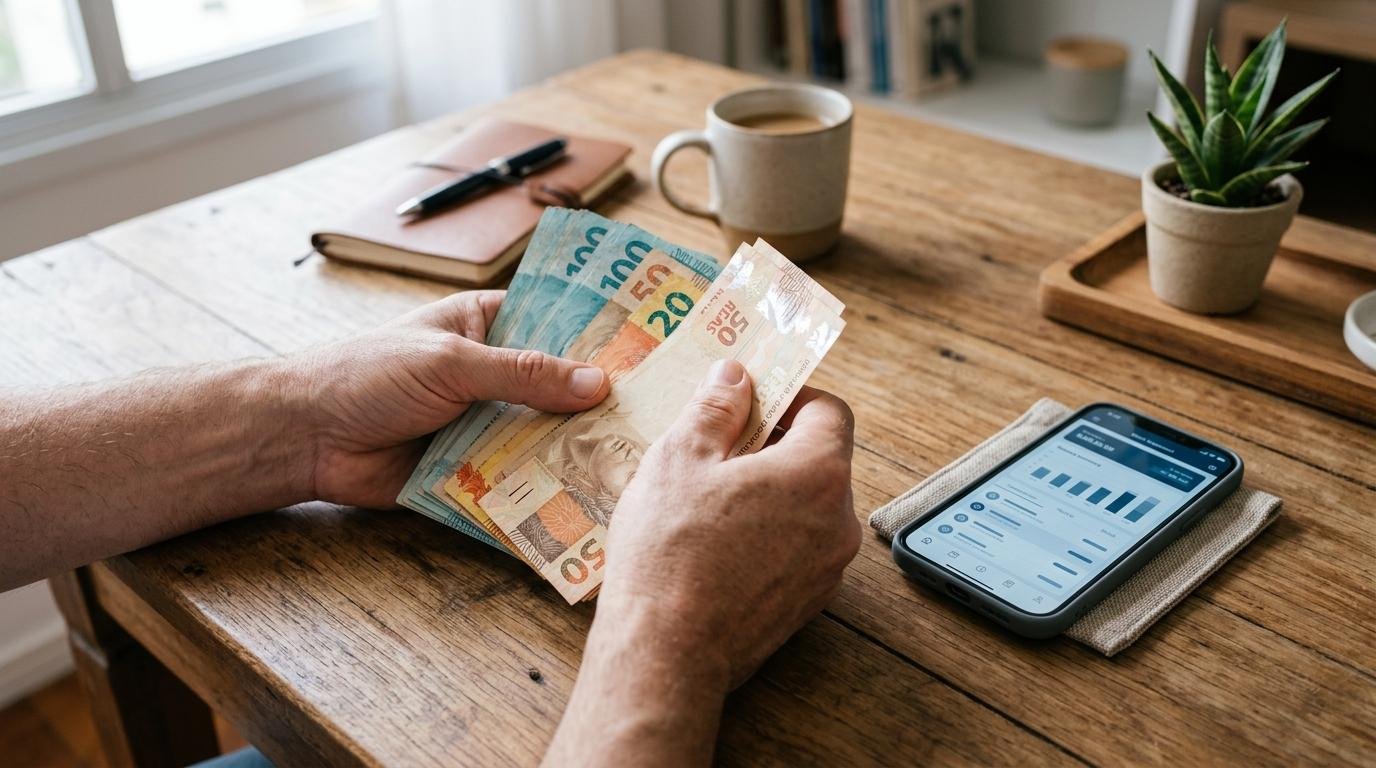 Mãos contando cédulas de dinheiro físico sobre uma mesa de madeira ao lado de um celular exibindo um extrato bancário digital, com iluminação suave
