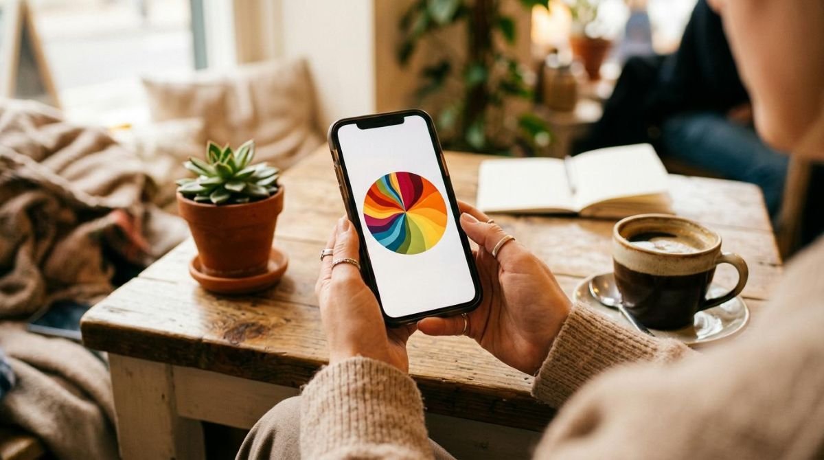 Um smartphone na mão de uma pessoa exibindo um gráfico de pizza colorido e abstrato de divisão de orçamento, sobre uma mesa com uma xícara de café 
