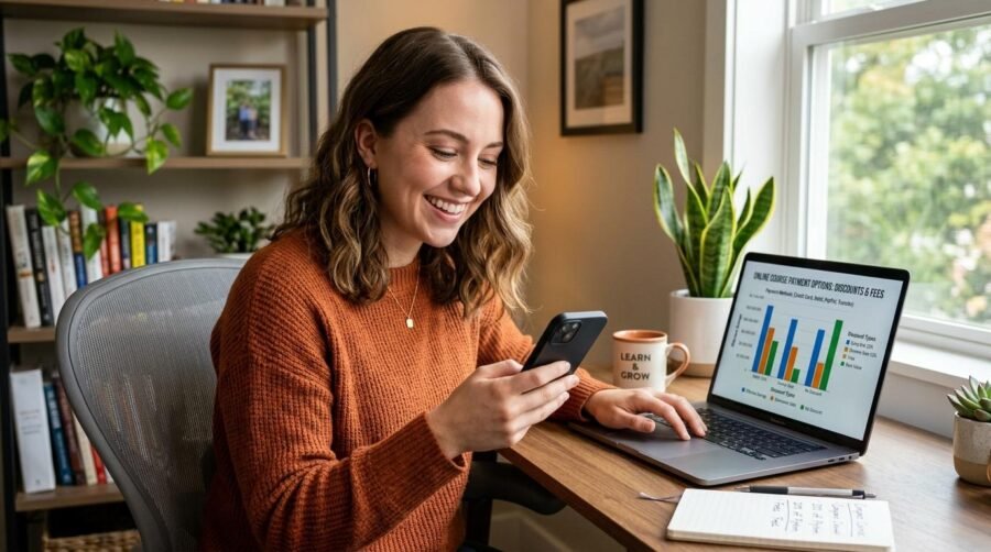 Como pagar cursos livres online: métodos de pagamento e dicas para economizar 4 Pessoa sorrindo enquanto usa celular e laptop com gráficos de descontos em mesa de madeira