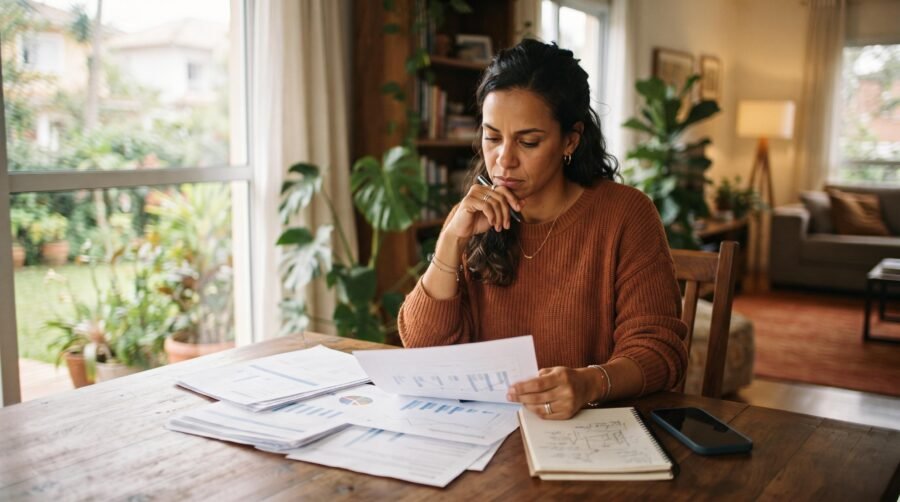 Mulher brasileira em ambiente doméstico aconchegante analisando documentos financeiros com expressão pensativa, smartphone e caderno sobre a mesa de j