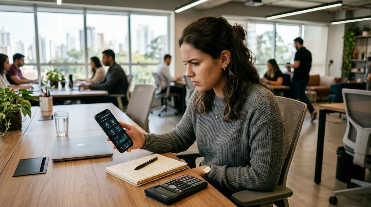 Pessoa jovem sentada em ambiente de escritório moderno analisando o smartphone com expressão concentrada enquanto escolhe entre opções de aplicativos
