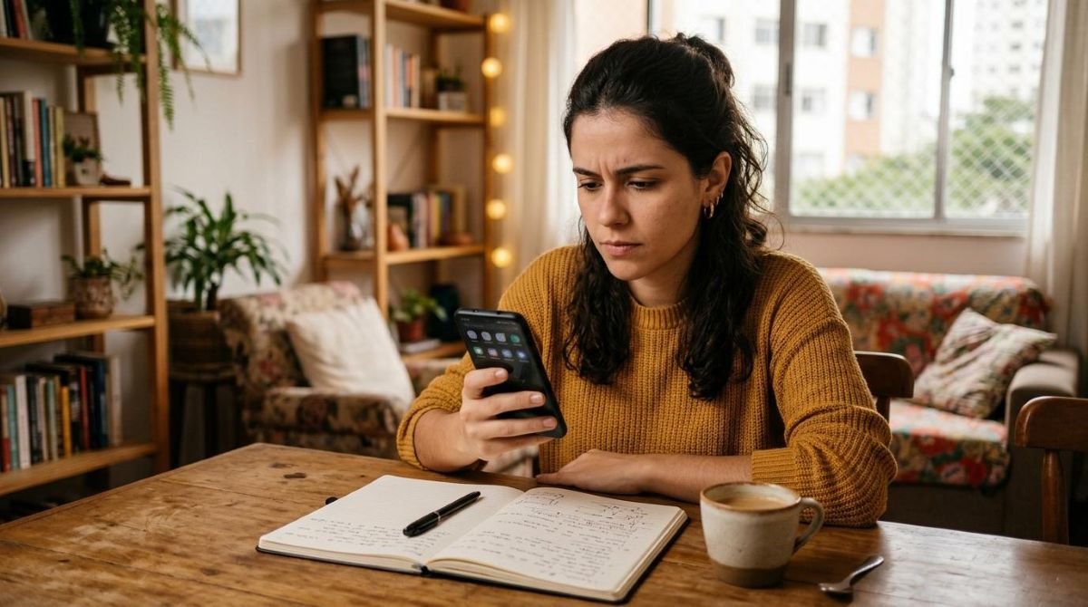 Mulher jovem em ambiente doméstico brasileiro aconchegante, analisando atentamente o smartphone com expressão pensativa enquanto avalia opções