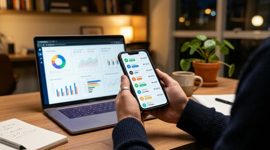 Close das mãos segurando um smartphone que exibe um painel de categorização automática de transações com rótulos inteligentes, com um notebook ao fund