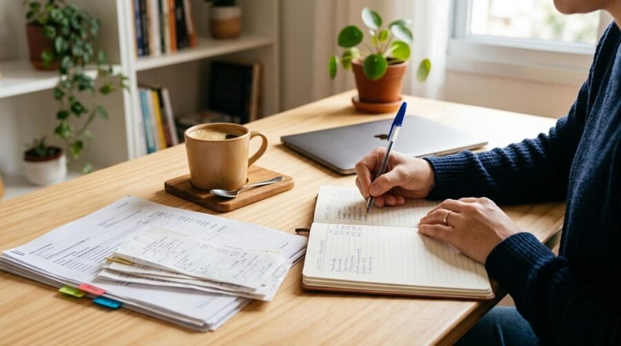 Como criar alertas para não estourar o orçamento pessoal 3 Mesa de trabalho organizada com notas fiscais, extratos bancários impressos e um caderno aberto onde uma pessoa anota seus gastos mensais à mão, com u