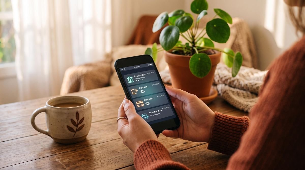 Mãos femininas segurando um smartphone com notificações de transações bancárias visíveis na tela, em um ambiente doméstico aconchegante com xícara