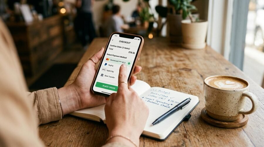 Como pagar cursos livres online: métodos de pagamento e dicas para economizar 3 Pessoa usando smartphone para finalizar compra online com café e caderno ao lado