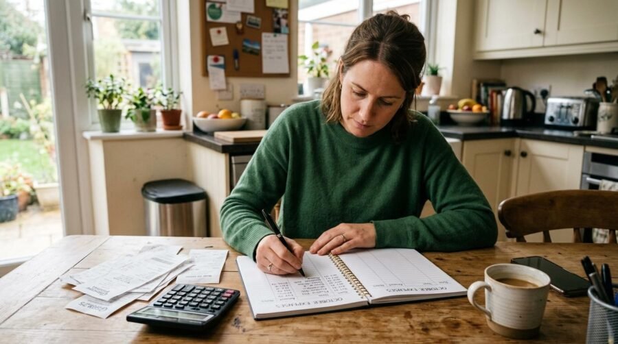 Como usar crédito digital para emergências sem comprometer suas finanças 3 Um indivíduo anota despesas em um caderno aberto sobre uma mesa de cozinha, com recibos e uma calculadora ao lado, representando o momento de avaliaçã