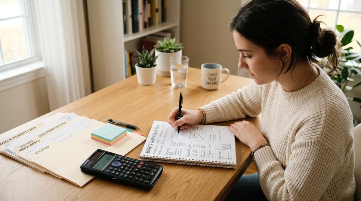Pessoa escrevendo em caderno de orçamentos em mesa com calculadora e documentos
