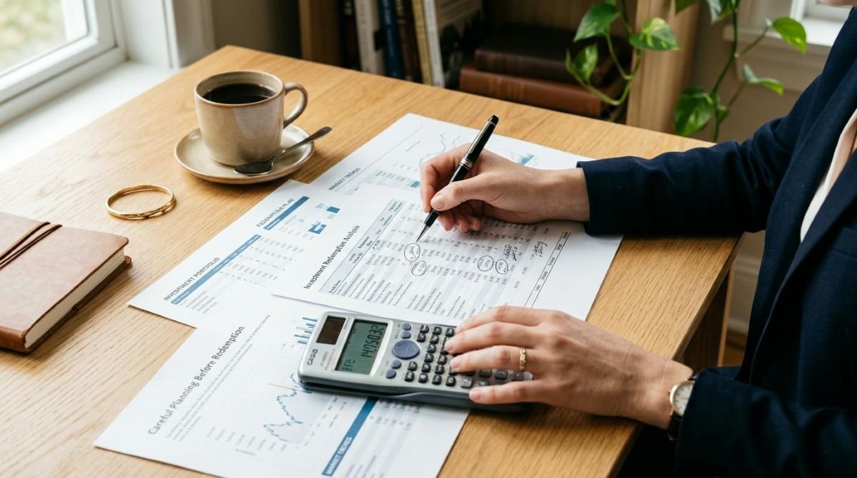 Mãos de uma pessoa analisando documentos financeiros e uma calculadora sobre uma mesa de madeira clara, com café ao lado e iluminação suave