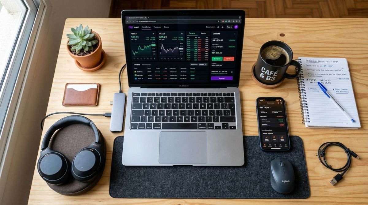 Escritório com laptop exibindo gráficos financeiros, fones de ouvido, celular, caderno e caneta sobre mesa de madeira clara
