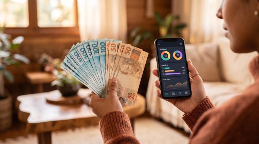 Pessoa anotando despesas em dinheiro vivo em um aplicativo de controle financeiro no celular