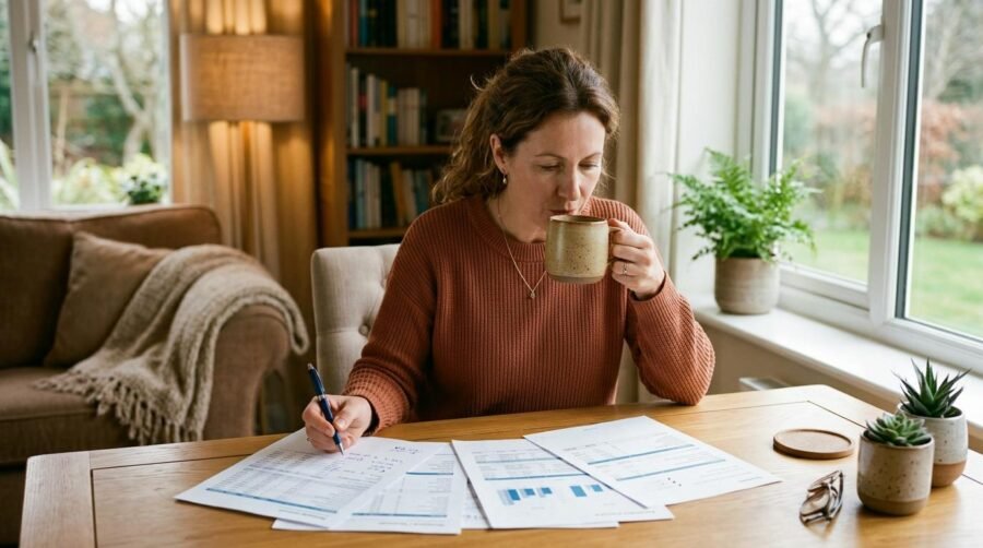 Cena de uma pessoa adulta em ambiente doméstico confortável, segurando uma xícara de café enquanto revisa documentos financeiros impressos com uma can