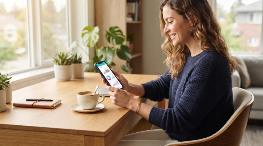 Pessoa verificando o resumo de gastos mensais em um aplicativo financeiro no celular