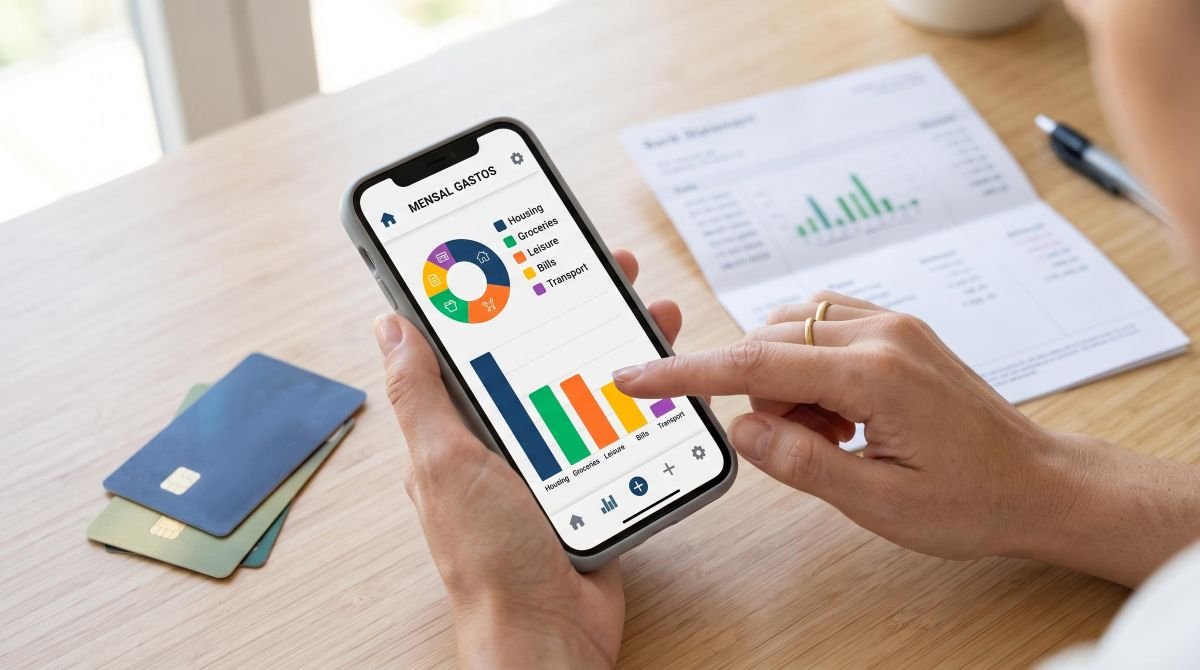 Close das mãos de uma pessoa interagindo com aplicativo de finanças no celular, tela exibindo categorias de gastos organizadas por cores em um ambiente
