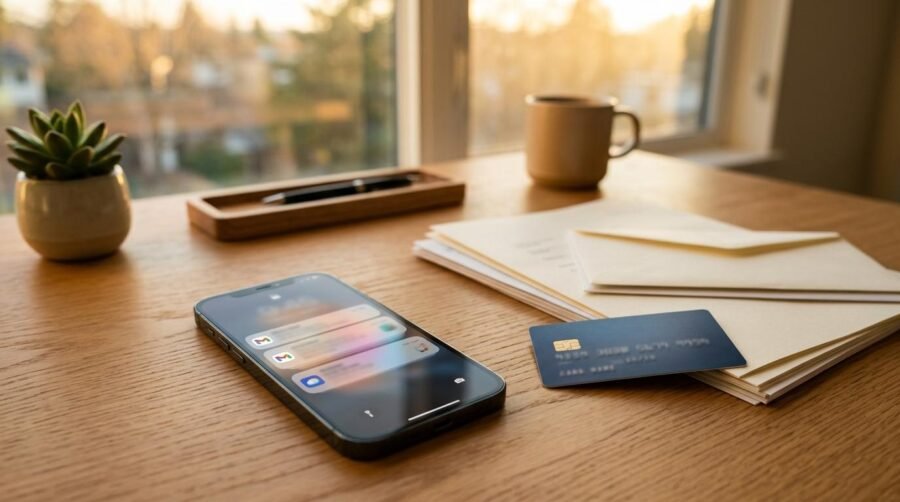 Smartphone com notificações de cobranças recorrentes aparecendo de forma desfocada na tela, ao lado de um cartão de crédito e documentos financeiros e
