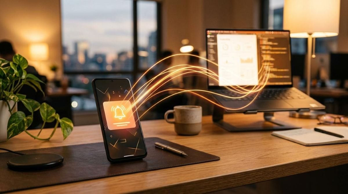 Um smartphone moderno sobre uma mesa de escritório recebendo uma notificação instantânea, com linhas de luz abstratas conectando o aparelho a um laptop
