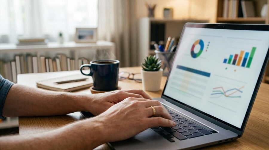 Como usar crédito digital para emergências sem comprometer suas finanças 4 Mãos digitando em um laptop com uma xícara de café ao fundo em um escritório caseiro organizado, ilustrando o uso consciente de ferramentas digitais p