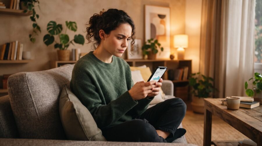 Pessoa sentada no sofá usando o celular em uma sala iluminada com plantas e livros ao fundo